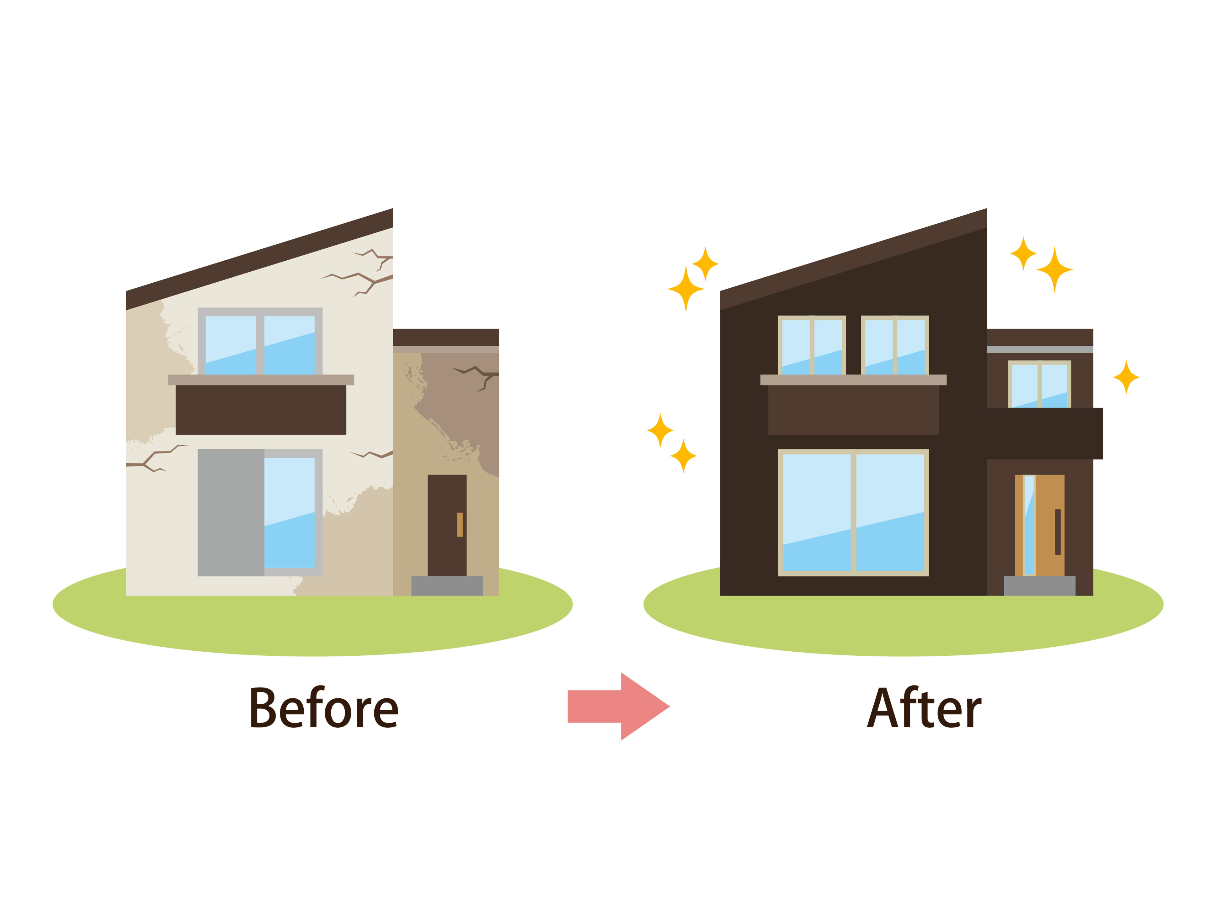 老朽化した一軒家と新築の一軒家のビフォーアフター