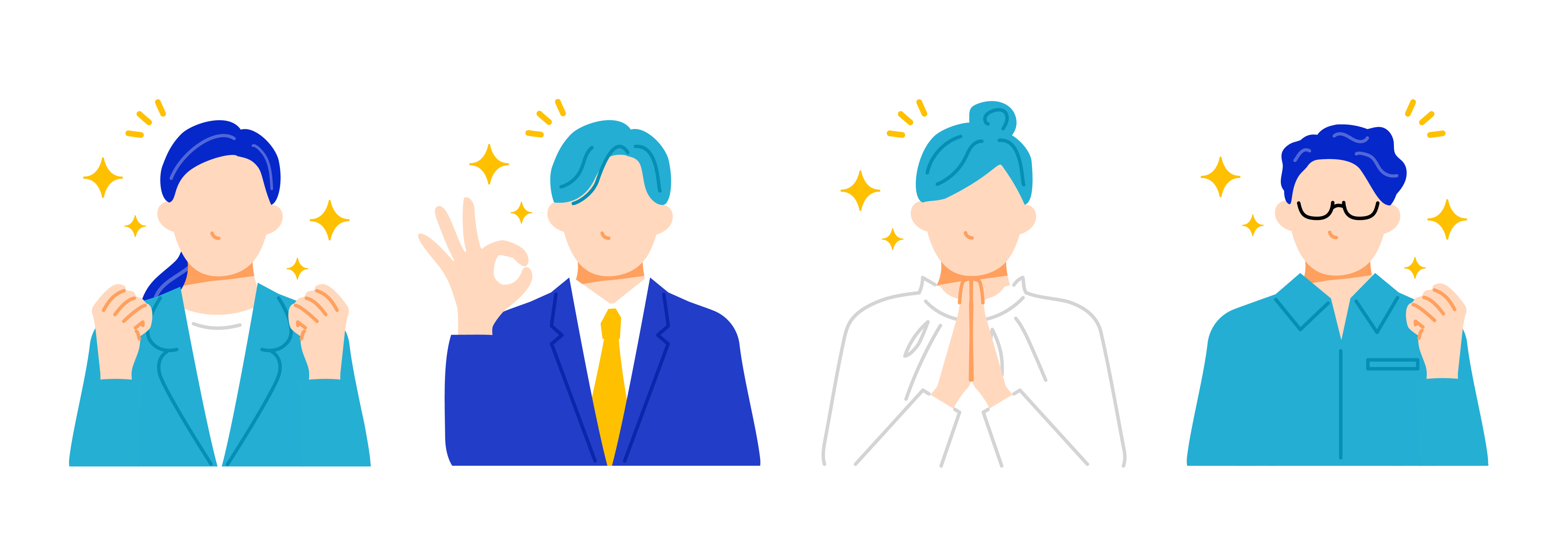 喜んだりガッツボーズしたりポジティブな表情のビジネスパーソン。フラットデザイン。