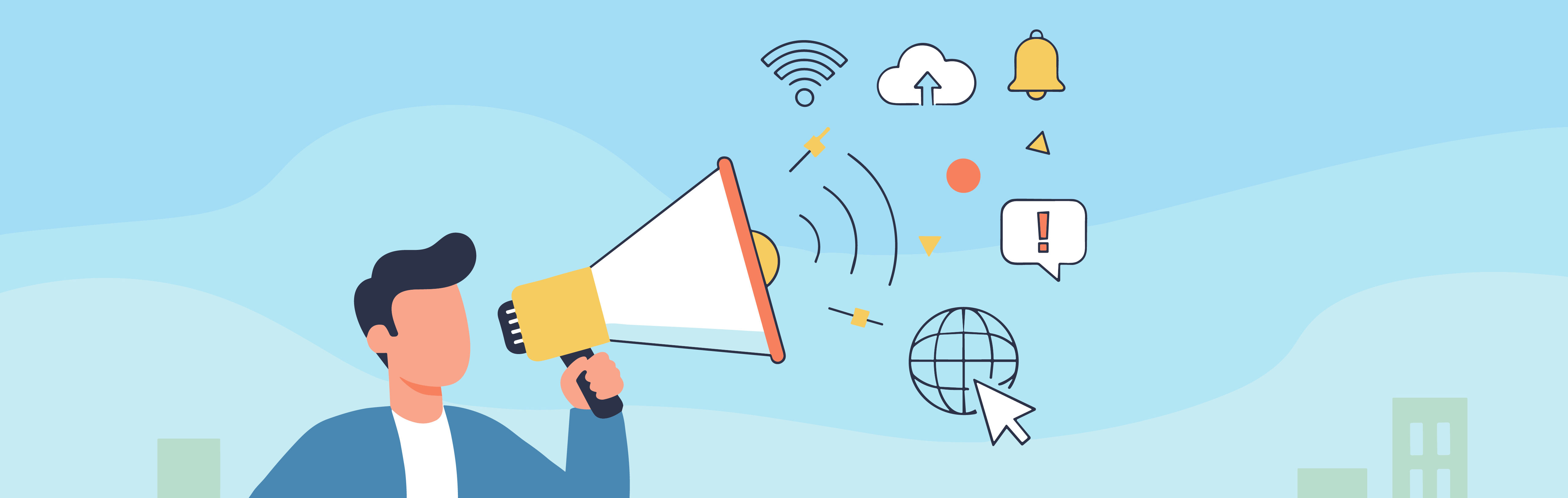Flat style vector illustration of a businessman holding a megaphone, announcing important business news and promotions, with digital icons like wifi, cloud upload, bell, exclamation mark, and globe