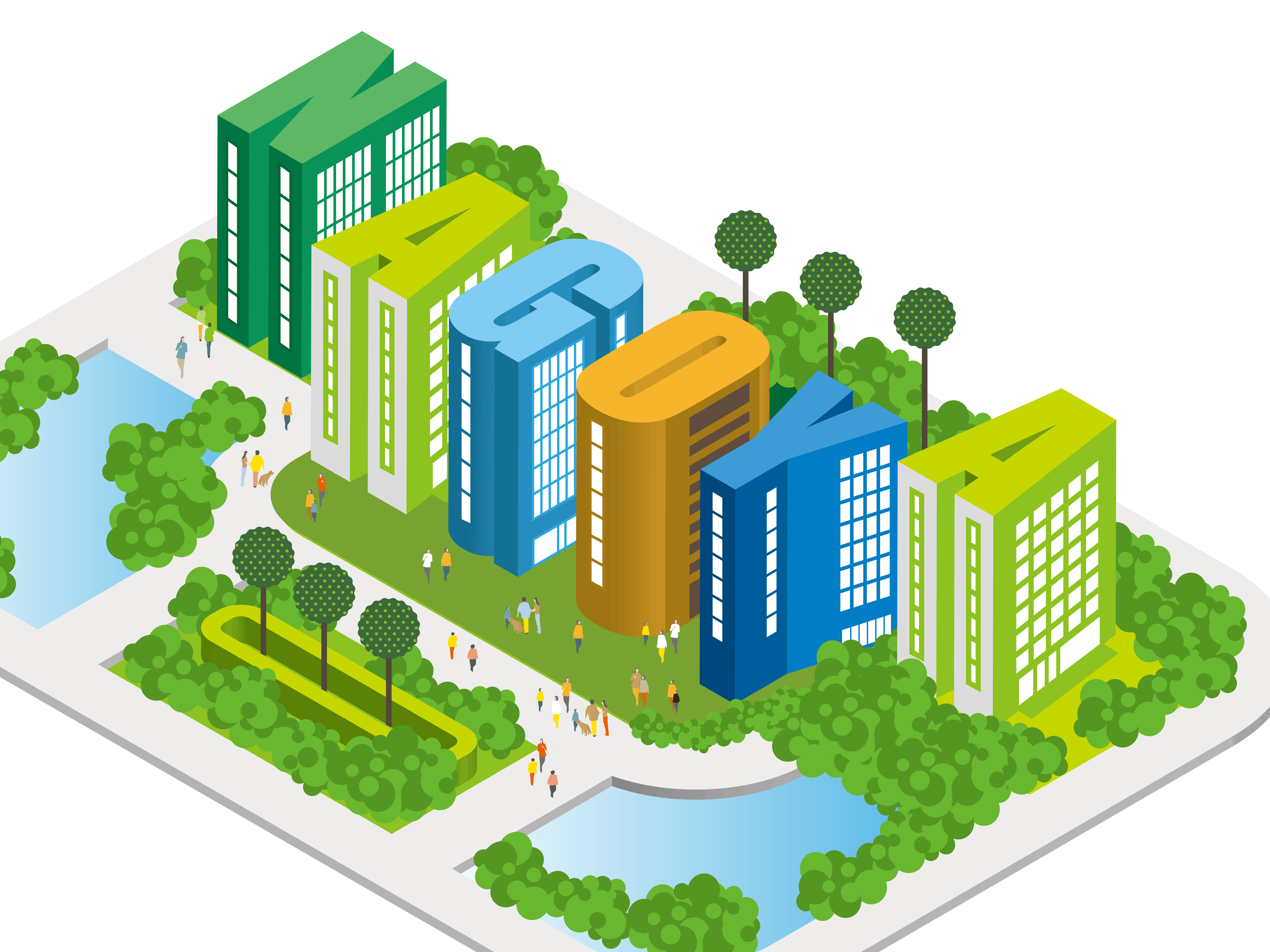 Prin楽しい街並みと暮らしの風景。人々が明るく暮らせる建物と街づくり。アルファベットの可愛いビル。